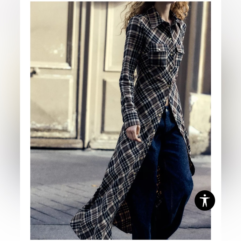 Zara Black and Brown Plaid Shirt Dress size M